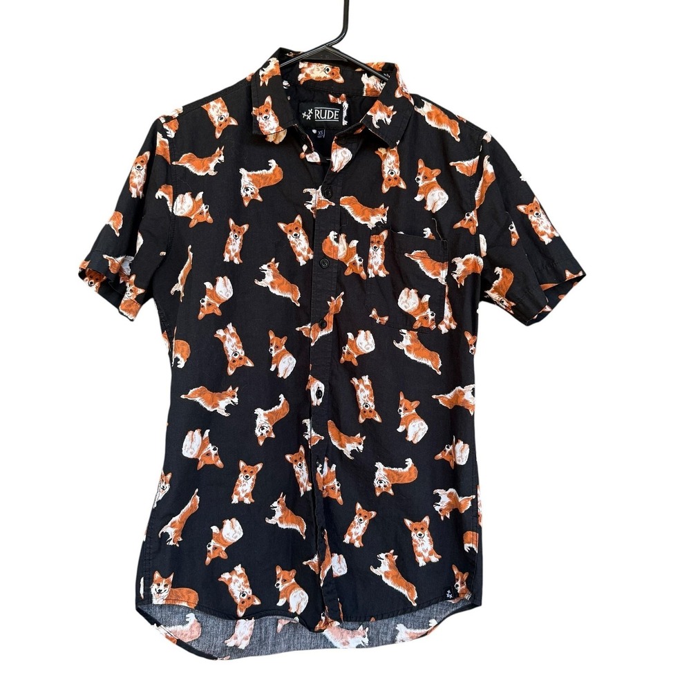Rude Shirt Mens XS Black Corgi Dog Print Short Sleeve Button Up Cotton Novelty